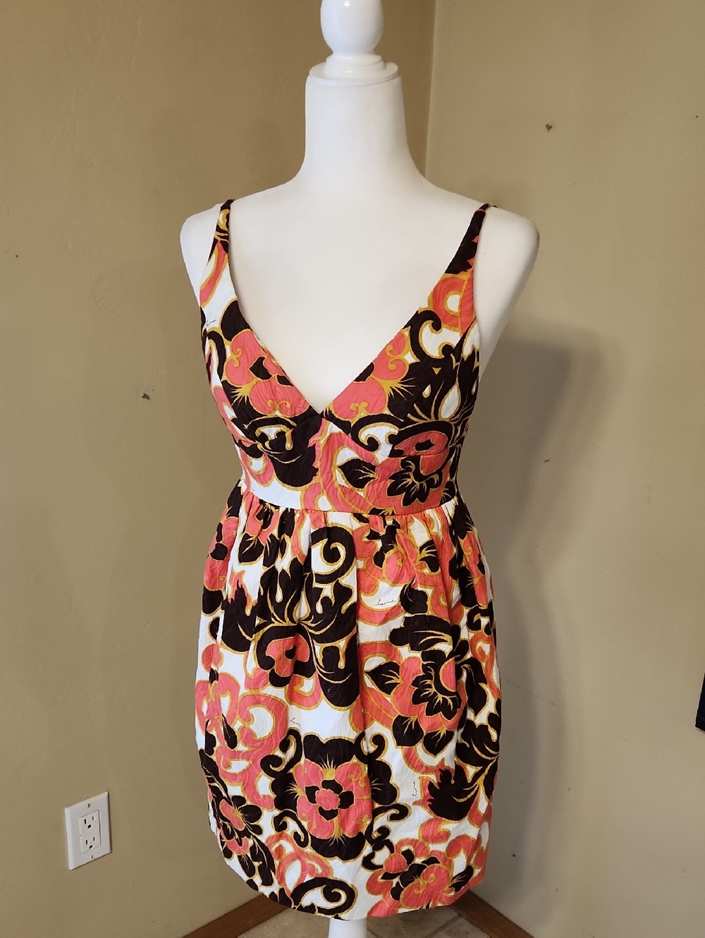 Milly Of New York Coral, Black & White Floral Mini Dress
